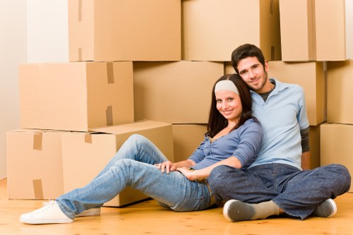 Boxed household items prepared for a West Kensington move
